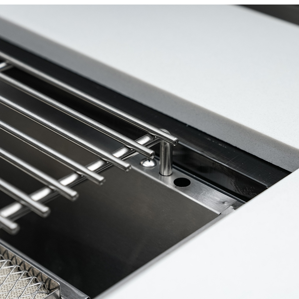 Mont Alpi 805 Black Stainless Steel Island with a 90-Degree Corner and a Fridge Cabinet | 8mm 304 stainless steel cooking grills