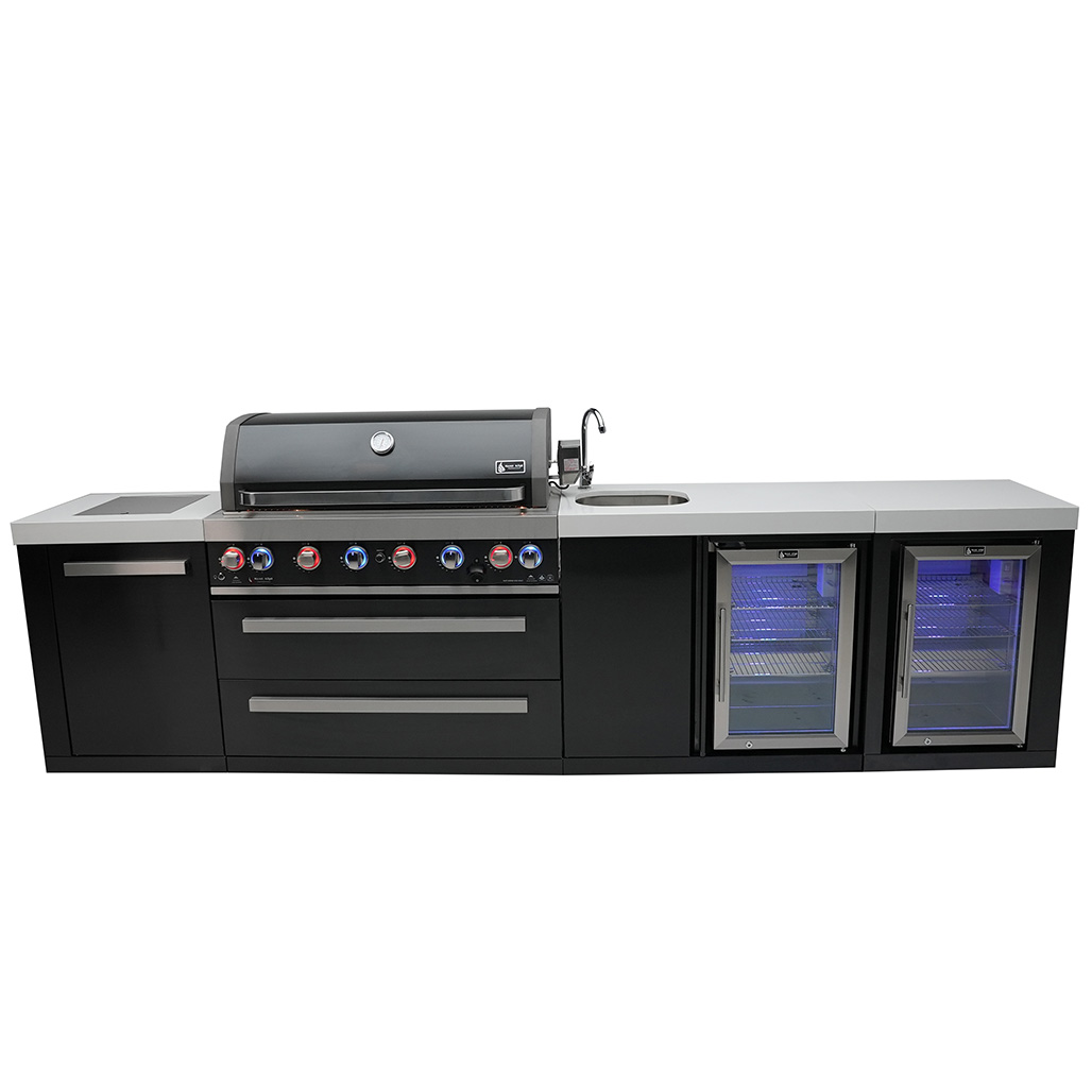 Mont Alpi 805 Black Stainless Steel Island with a Beverage Center and Fridge Cabinet | 6-burner grill unit - 43"x23"x47"
