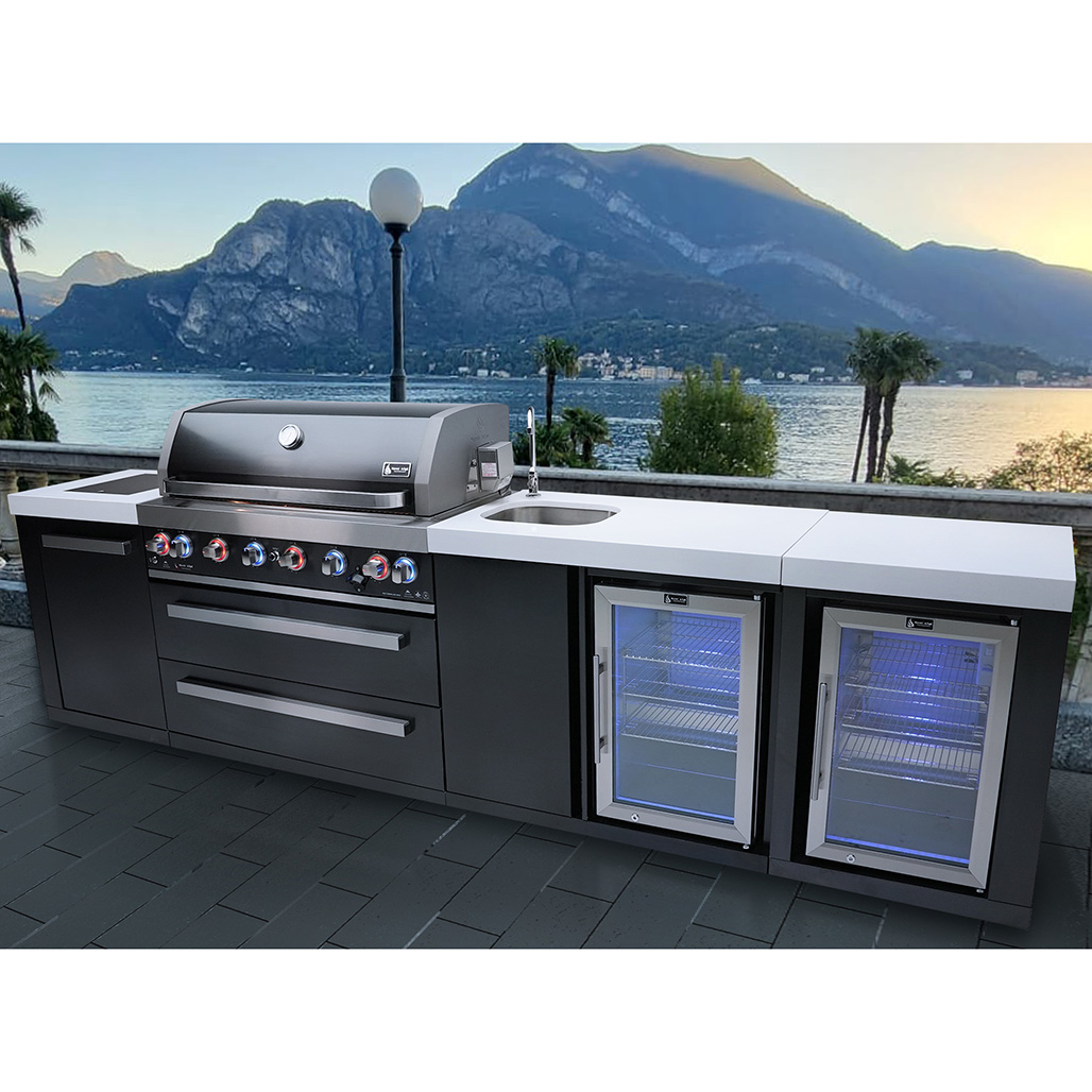 Mont Alpi 805 Black Stainless Steel Island with a Beverage Center and Fridge Cabinet | Rotisserie kit with electric motor