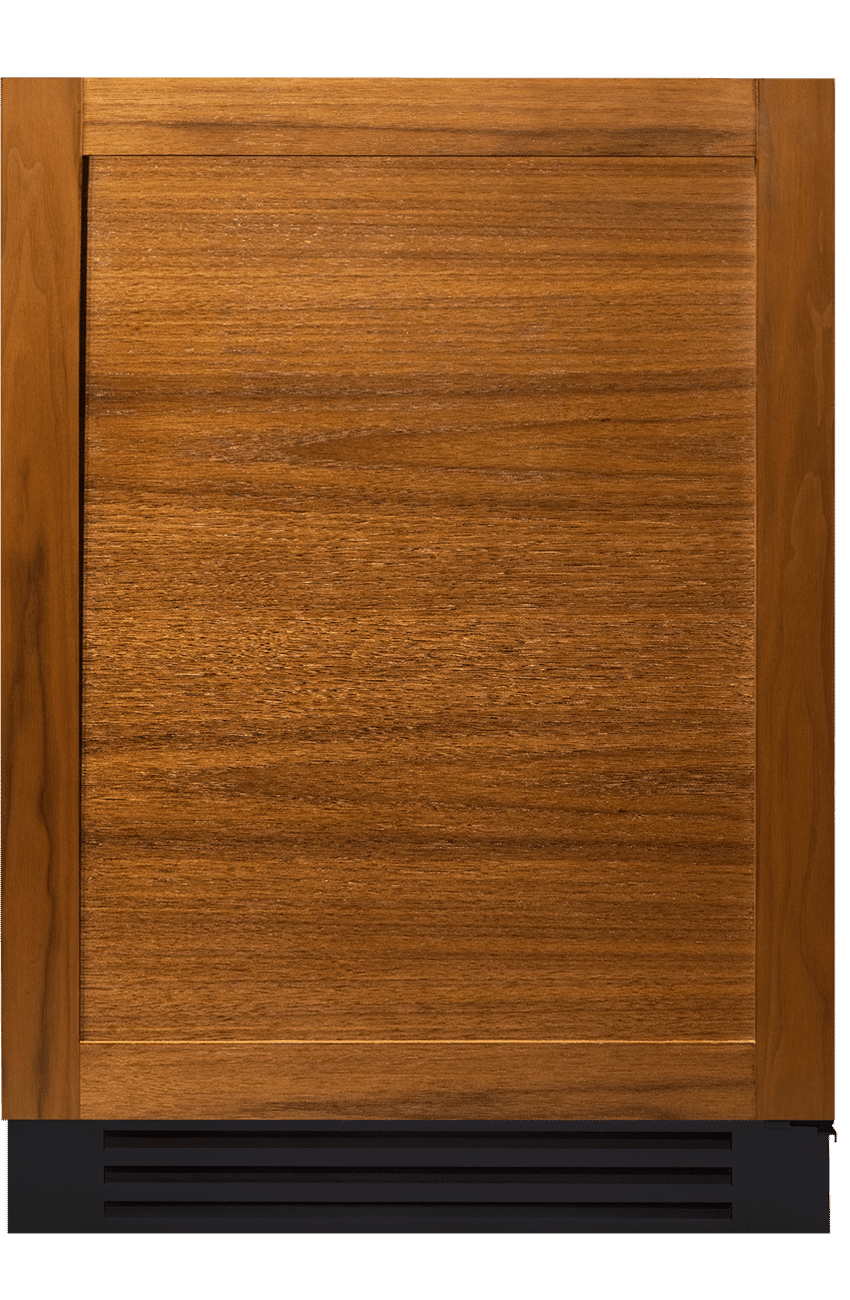 True 24" Wine Cabinet with Overlay Panel | 5 glide out wine racks and 1 floor cradle accommodate a total of 45 bottles.