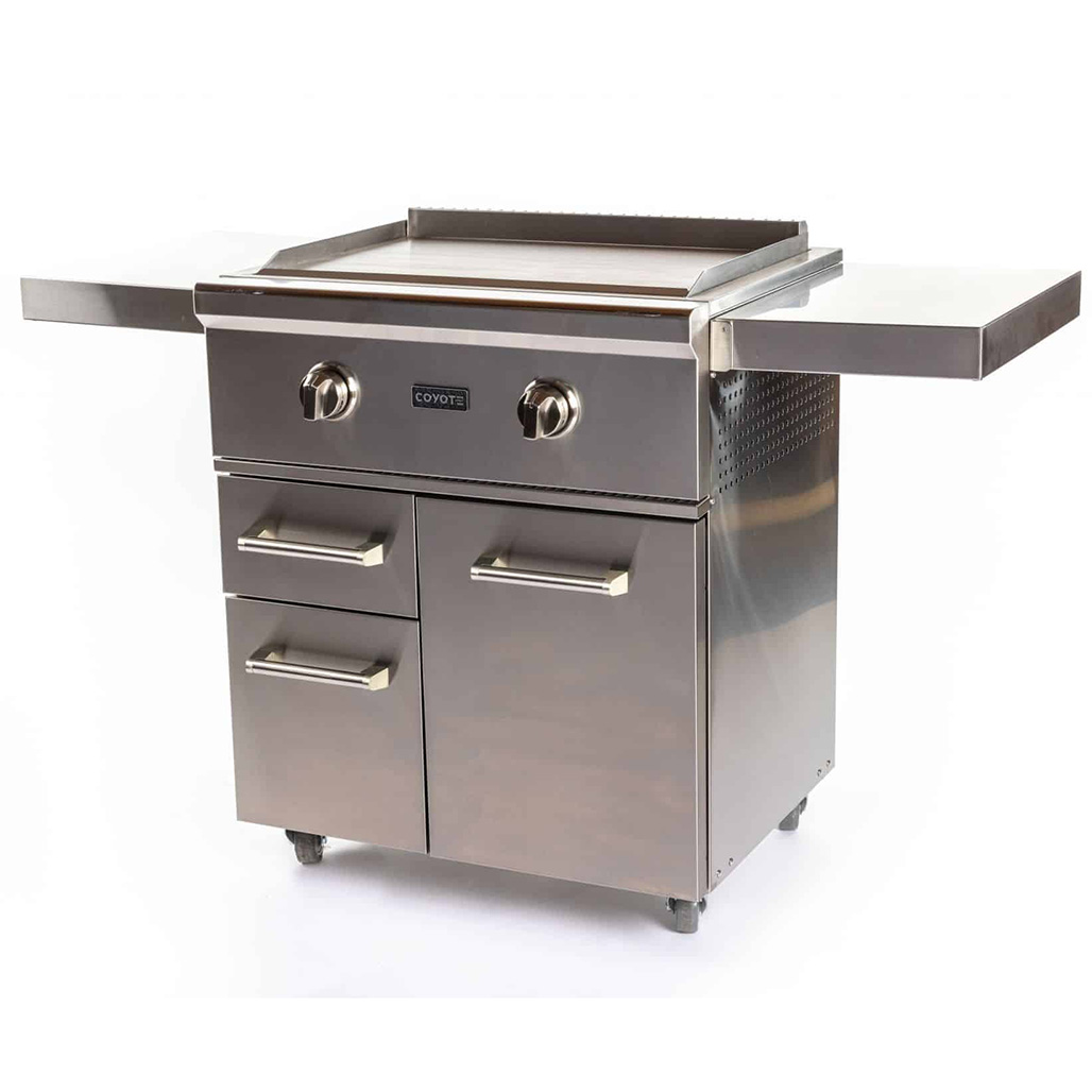 Coyote Outdoor Built-In 30" Flat Top Gas Grill on Cart | Includes stainless steel cover for cooking surface