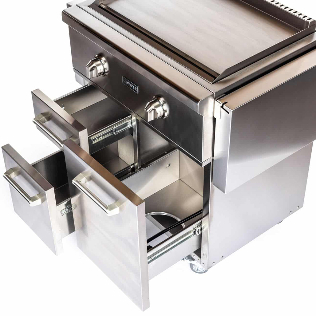 Coyote Outdoor Built-In 30" Flat Top Gas Grill on Cart | Storage Drawers