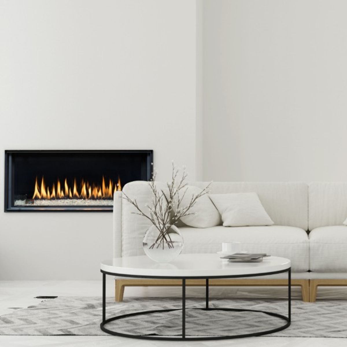 Montigo Distinction 36" Linear Direct Vent Gas Fireplace | Concealed burner with Ice Fireglass