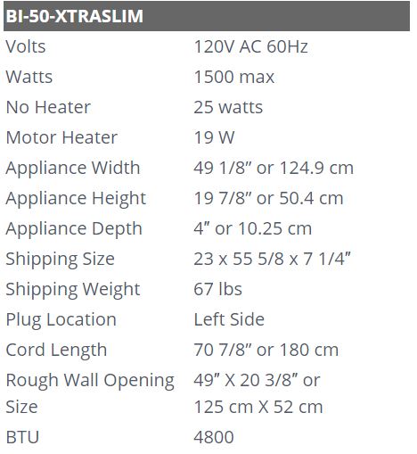 Amantii Panorama-XS Electric Built-in Fireplace 50" specifications