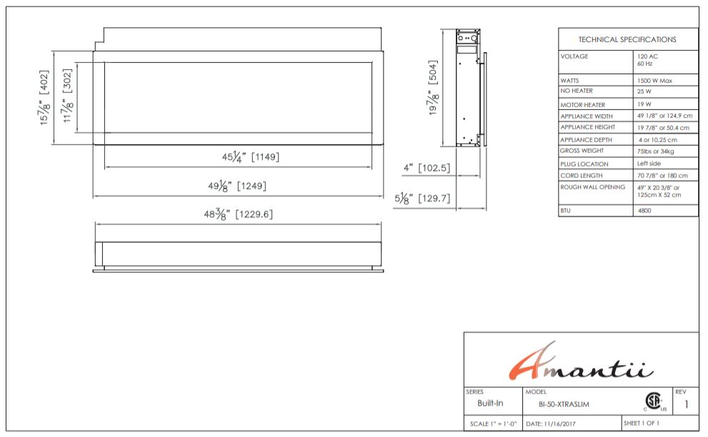 Amantii Panorama-XS Electric Built-in Fireplace 50" drawing