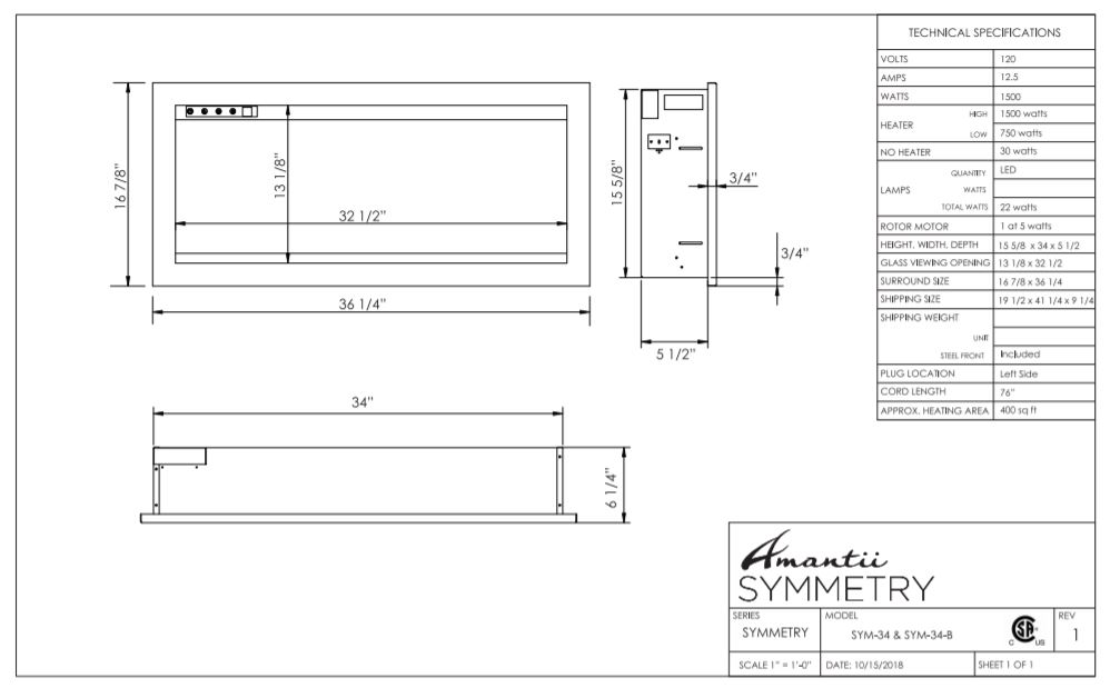 Amantii Symmetry Electric Built-in Fireplace 34" specifications