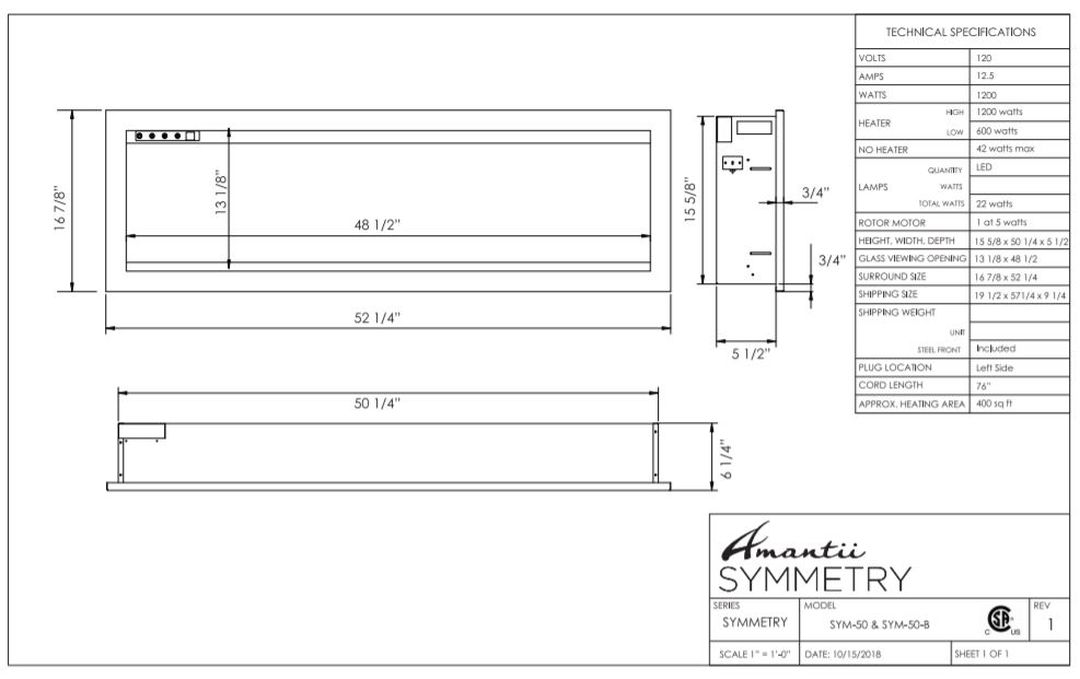 Amantii Symmetry Electric Built-in Fireplace 50" specifications