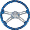 18 Inch Chrome 4 Spoke Blue Skull Printed Wood Steering Wheel Kit With Matching Bezel