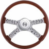 18 Inch Chrome Plated Steering Wheel, Hub & Horn Button Kit W/ Skull Accents and Brown Rim For Kenworth, Peterbilt