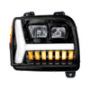 Black Headlight With LED Daytime Running Light Bar And Turn Signal, Passenger Side For Kenworth W990