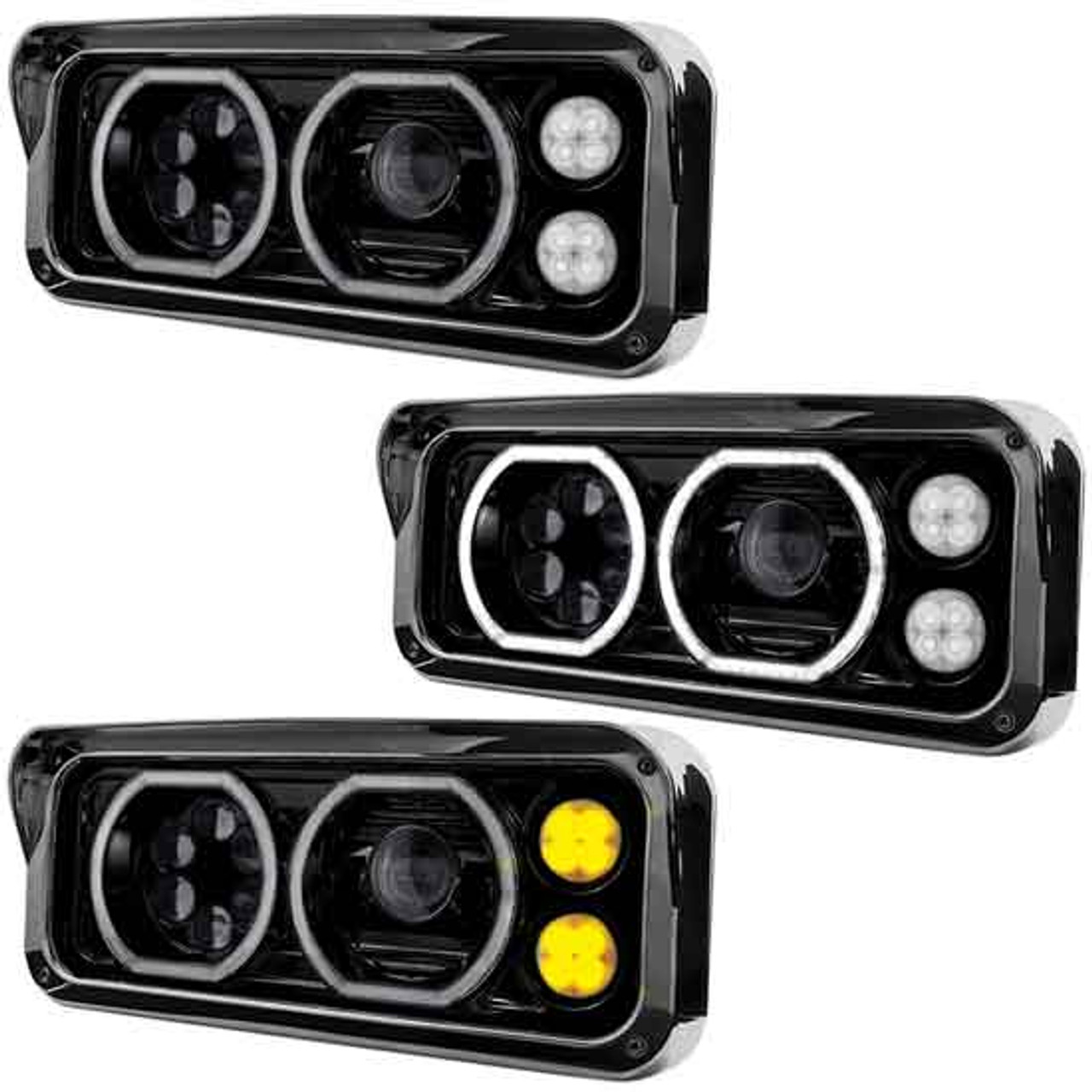 Blackout Dual Square LED Projection Headlight With Auxiliary Halo Rings   Amber LED Turn Signal State Trucks