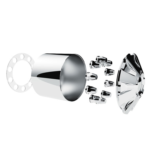 Chrome Semi Truck Front Axle Cover Kit With 33mm Threaded Nut Covers And Removable Hub Cap