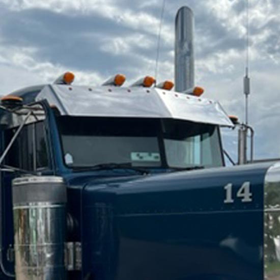 Turnpike Truck Trim 14 Inch Stainless Steel Blind Mount Drop Visor W/ 10 Bullseye LED Lights For Peterbilt 300 Series W/ 2 Piece Flat Windshields