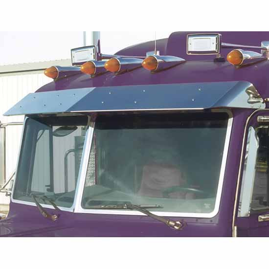 Roadworks 11 Inch Stainless Steel 2 Piece Visor For Peterbilt UltraCab W/ Door Mounted Mirrors & Flat 2 Piece Windshields
