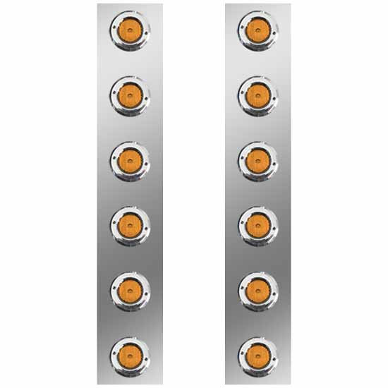 Roadworks 19.5 Stainless Steel Front Air Cleaner Panels W/ 6 Amber 2 Inch Round Flat Lights & Amber Lens For Peterbilt 378 & 379 W/ 15 Inch Donaldson & Vortex