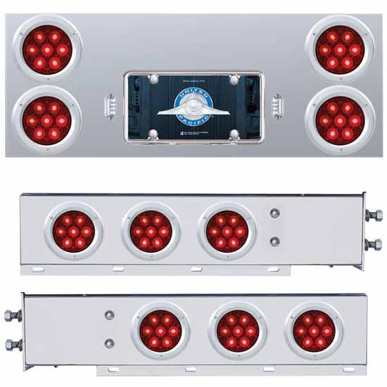 Stainless Steel Rear Center Light Panel, Spring-Loaded Light Bars W/ 10 - 4 Inch Red/Red LED STT Lights