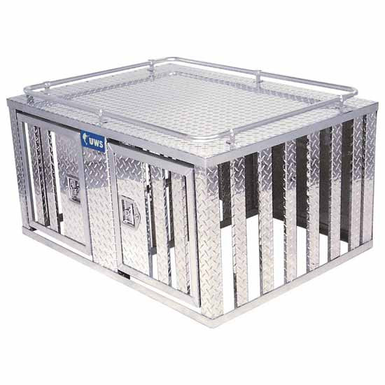 Bright Diamond Plate Aluminum Double Door Dog Box W/ Divider, Open Rungs- 48 X 48 Inch For Pickup Trucks