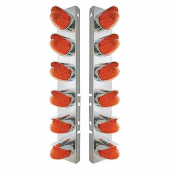 SS Front Air Cleaner Bracket W/ 12X 19 LED Watermelon Lights & Visors - Amber Led/ Dark Amber Lens - Pair For Peterbilt 378, 379