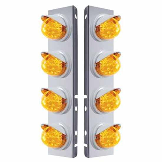 SS Front Air Cleaner Bracket W/ 8X 17 LED Reflector Lights & Visors - Amber Led/ Amber Lens - Pair For Peterbilt 378, 379