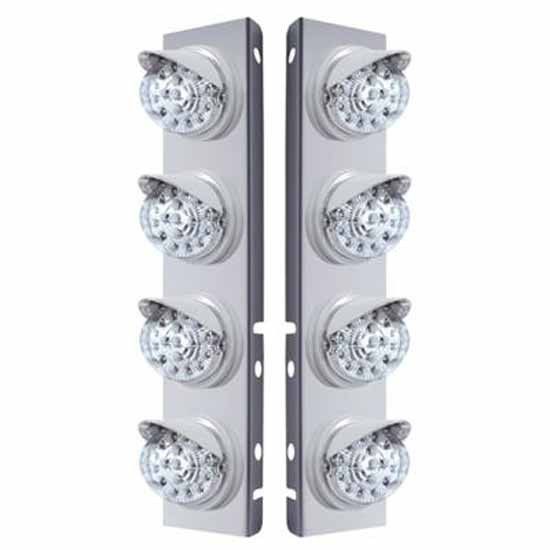 SS Front Air Cleaner Bracket W/ 8X 17 LED Reflector Lights & Visors - Amber Led/ Clear Lens - Pair For Peterbilt 378, 379