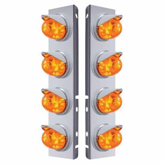 SS Front Air Cleaner Bracket W/ 8X 17 LED Dual Function Watermelon Lights & Visors - Amber Led/ Amber Lens - Pair For Peterbilt 378, 379