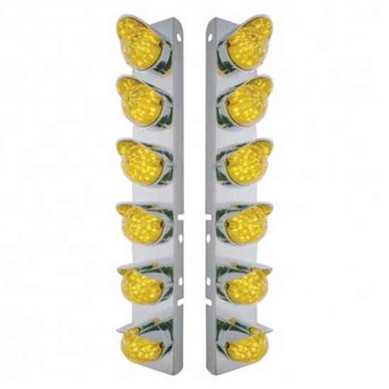 SS Front Air Cleaner Bracket W/ 12X 19 LED Bullet Style Lights & Visors - Amber Led/ Amber Lens For Peterbilt 378, 379