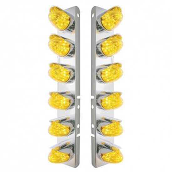 SS Front Air Cleaner Bracket W/ 12X 19 LED Watermelon Lights & Visors - Amber Led/ Amber Lens - Pair For Peterbilt 378, 379