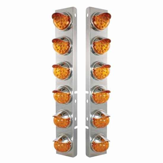 SS Front Air Cleaner Bracket W/ 12X 17 LED Reflector Lights & SS Visors - Amber Led/ Amber Lens - Pair For Peterbilt 378, 379