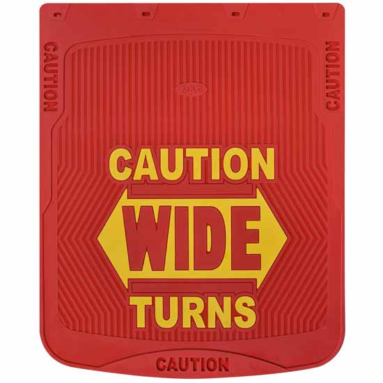 24 X 30 Caution Wide Turns Mud Flaps With Red Background