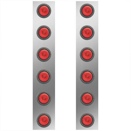 Stainless Steel Rear Panels For 13 Inch Air Cleaner W/ 2 Inch Red LEDs - Pair For Peterbilt 378, 379, 388, 389
