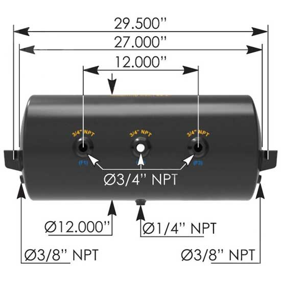 BESTfit Black Steel Air Tank 12 X 29.5 Inch With 3 Front Ports