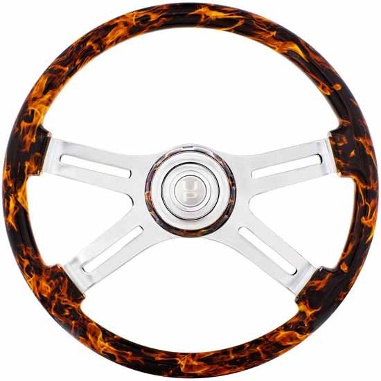18 Inch Chrome 4 Slot Spoke Flame Steering Wheel With Matching Flame Bezel, Chrome Horn Button
