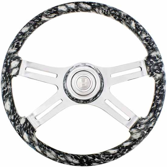 18 Inch Chrome 4 Slot Spoke White Skull Steering Wheel With Matching Bezel, Chrome Horn Button