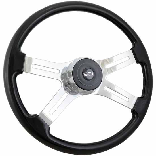 18 Inch Painted Black Wood Steering Wheel W/ Chrome Bezel &  Black Horn Button