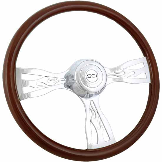 18 Inch Blaze Mahogany Steering Wheel W/ Wood Rim, 3 Chrome Spoke, Bezel & SCI Horn Button For 3 Hole Hub