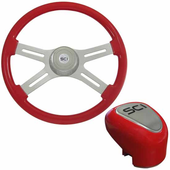 18 Inch Chrome 4 Spoke Red Steering Wheel & Shift Knob Kit
