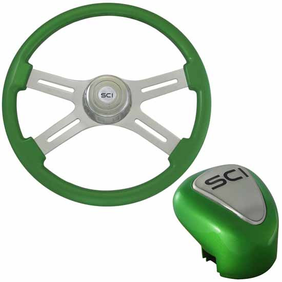 18 Inch Chrome 4 Spoke Green Steering Wheel & Shift Knob Kit