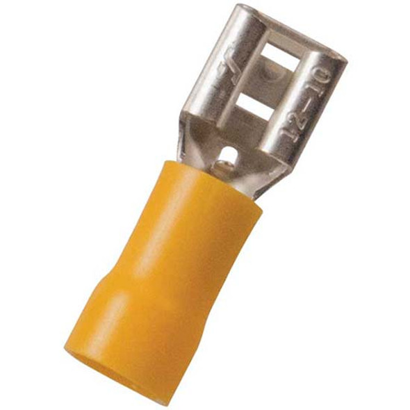 12-10 AWG Yellow Vinyl Push On Female Disconnect, .250 Tab - 50 Pack 12-10 AWG Yellow Vinyl Push On Female Disconnect, .250 Tab - 50 Pack