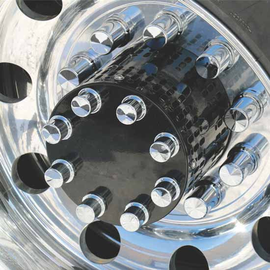 Gloss Black Powder-Coated 430 Stainless Steel Multi-Fit Hub Cover W/ Chrome Plastic Nut Covers