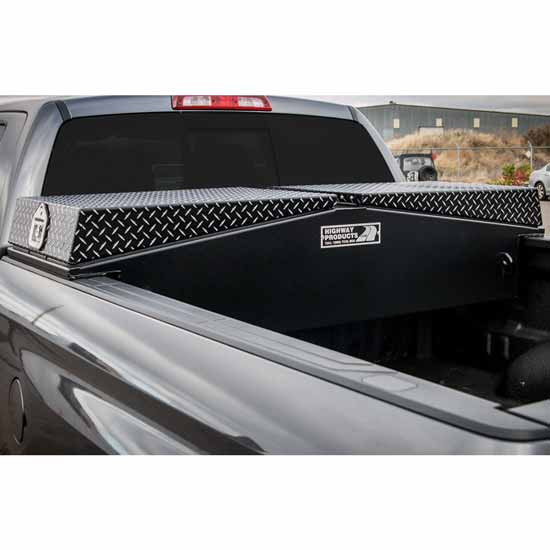 Smooth Black Aluminum Gullwing Tool Box W/ Black Leopard Plate Dual Lid- 71 X 16 X 23 Inch
