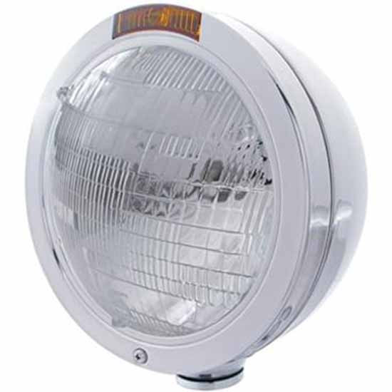 Stainless Steel Bullet Classic Headlight W/ H6014 Sealed Beam Bulb, Incandescent Amber Turn Signal Light For Peterbilt, Freightliner, International & Mack
