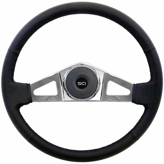 18 Inch Chrome 2 Spoke Black Leather Rim Steering Wheel Kit W/ Black Logo Horn Button