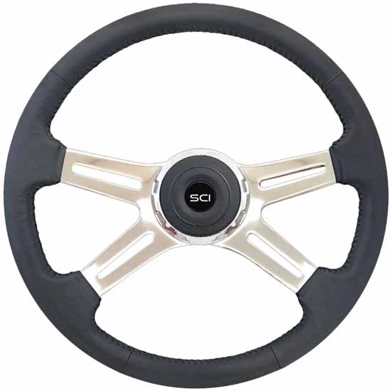 18 Inch Chrome 4 Spoke Black Top Grain Leather Statesman Steering Wheel Kit W/ Black Logo Button