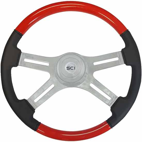 18 Inch Chrome 4 Spoke Viper Red & Leather Grip Combo Classic Steering Wheel Kit With Chrome Bezel & Horn
