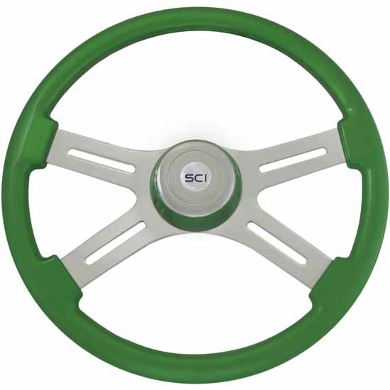 18 Inch Chrome 4 Spoke Green Painted Wood Classic Steering Wheel Kit With Matching Bezel