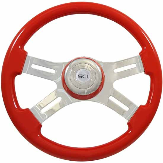 16 Inch Chrome 4 Spoke Viper Red Painted Steering Wheel Kit With Matching Bezel