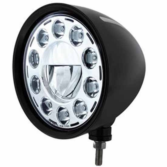 Black Billet Style Groove LED Headlight With 1 Center High Power Low Beam Diode And 10 Outer