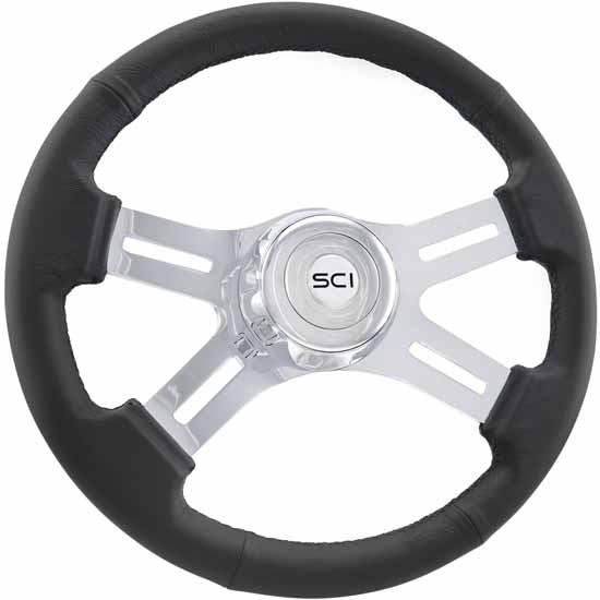 16 Inch Chrome 4 Spoke Classic Black Leather Steering Wheel W/ Bezel & Horn Button