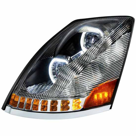 Chrome LED Headlight W/ Amber LED Turn Signal, White Halo Position Lights For Volvo VNL Gen II