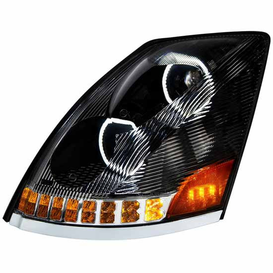 Black LED Headlight W/ Amber LED Turn Signal, White Halo Position Lights For Volvo VNL Gen II